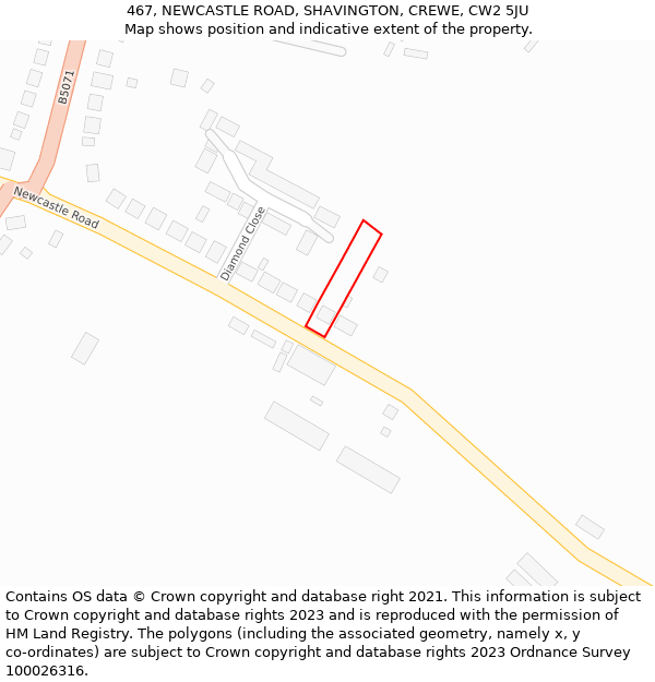 467, NEWCASTLE ROAD, SHAVINGTON, CREWE, CW2 5JU: Location map and indicative extent of plot