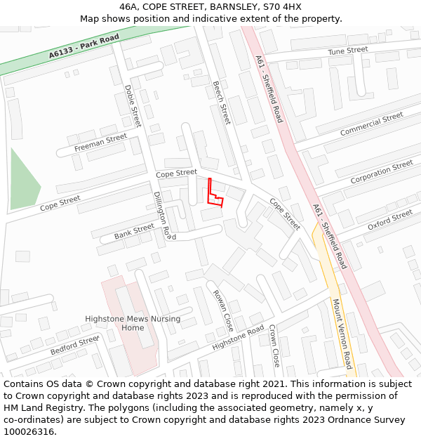 46A, COPE STREET, BARNSLEY, S70 4HX: Location map and indicative extent of plot