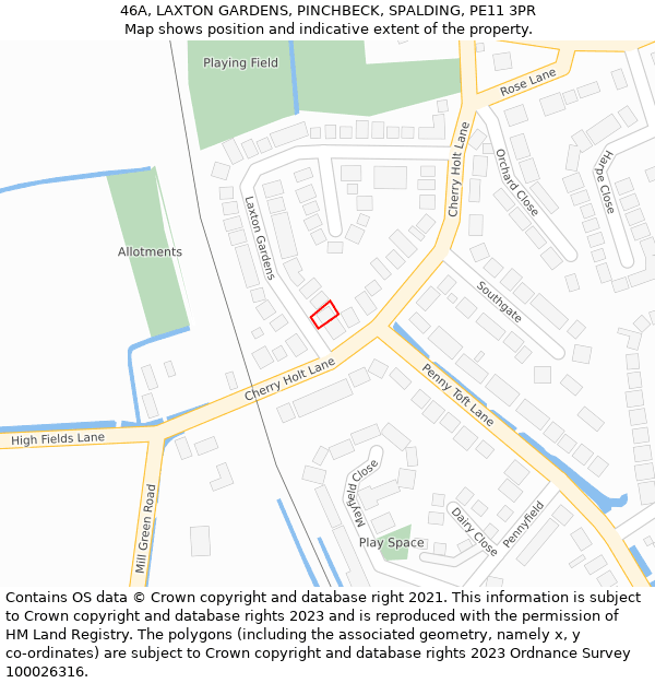 46A, LAXTON GARDENS, PINCHBECK, SPALDING, PE11 3PR: Location map and indicative extent of plot