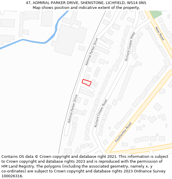 47, ADMIRAL PARKER DRIVE, SHENSTONE, LICHFIELD, WS14 0NS: Location map and indicative extent of plot