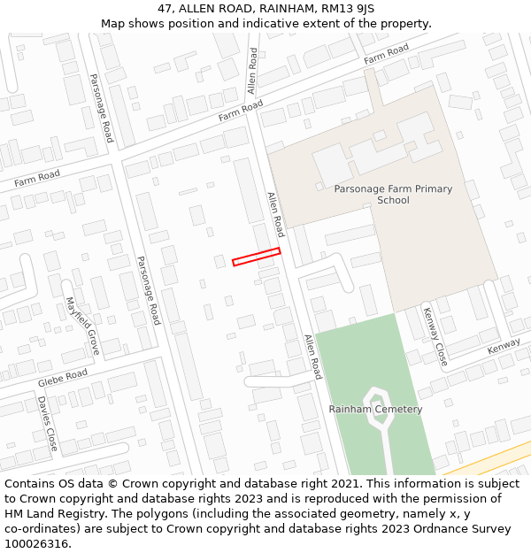 47, ALLEN ROAD, RAINHAM, RM13 9JS: Location map and indicative extent of plot