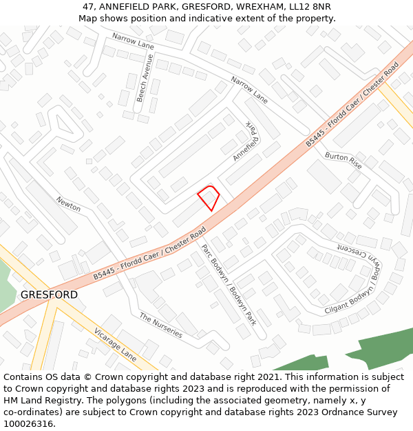 47, ANNEFIELD PARK, GRESFORD, WREXHAM, LL12 8NR: Location map and indicative extent of plot