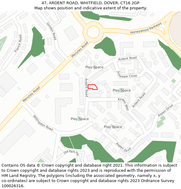 47, ARDENT ROAD, WHITFIELD, DOVER, CT16 2GP: Location map and indicative extent of plot