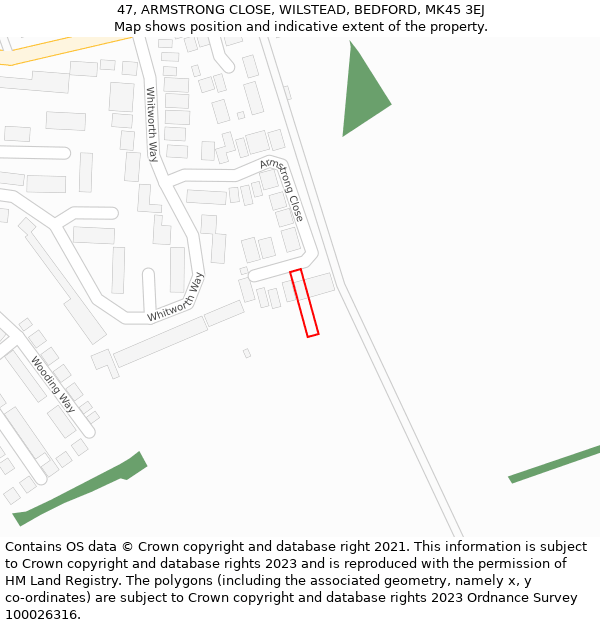 47, ARMSTRONG CLOSE, WILSTEAD, BEDFORD, MK45 3EJ: Location map and indicative extent of plot