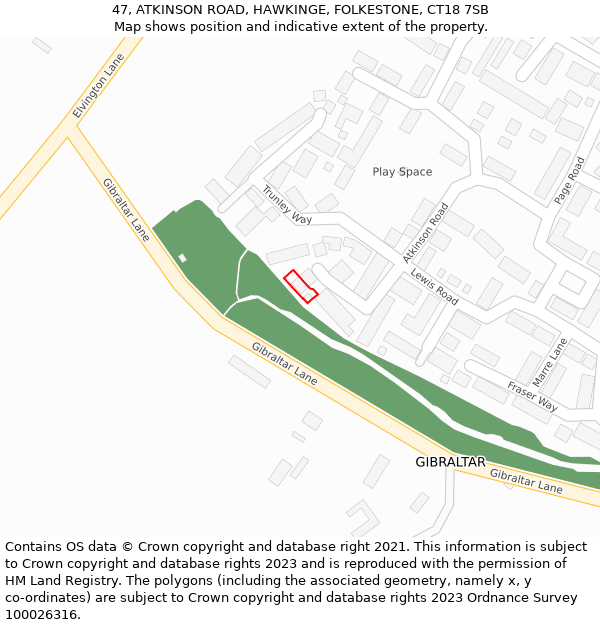 47, ATKINSON ROAD, HAWKINGE, FOLKESTONE, CT18 7SB: Location map and indicative extent of plot