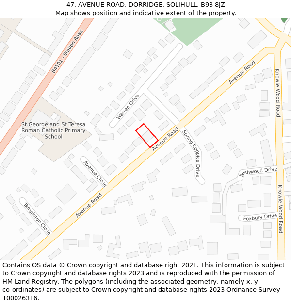 47, AVENUE ROAD, DORRIDGE, SOLIHULL, B93 8JZ: Location map and indicative extent of plot