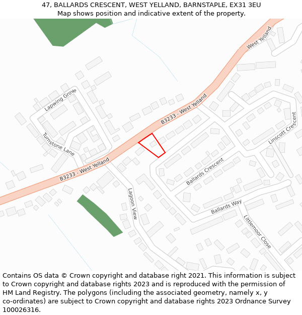 47, BALLARDS CRESCENT, WEST YELLAND, BARNSTAPLE, EX31 3EU: Location map and indicative extent of plot