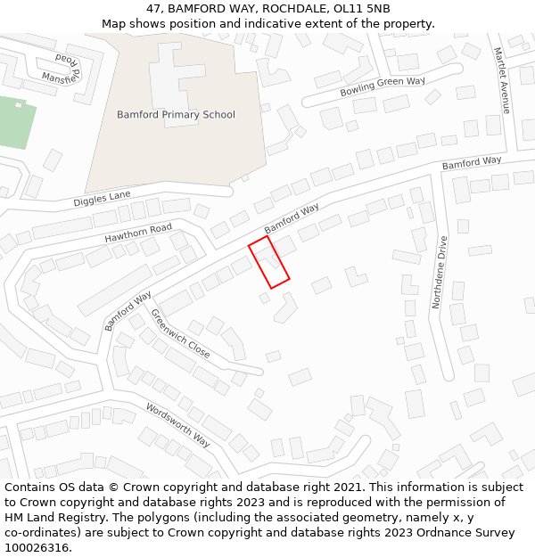 47, BAMFORD WAY, ROCHDALE, OL11 5NB: Location map and indicative extent of plot