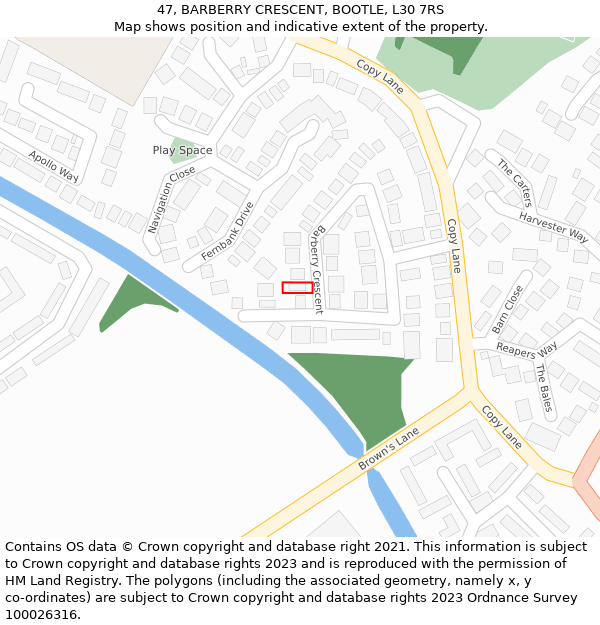 47, BARBERRY CRESCENT, BOOTLE, L30 7RS: Location map and indicative extent of plot