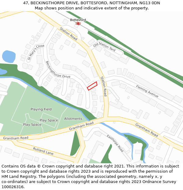 47, BECKINGTHORPE DRIVE, BOTTESFORD, NOTTINGHAM, NG13 0DN: Location map and indicative extent of plot