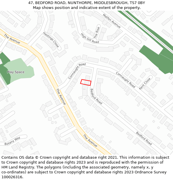 47, BEDFORD ROAD, NUNTHORPE, MIDDLESBROUGH, TS7 0BY: Location map and indicative extent of plot