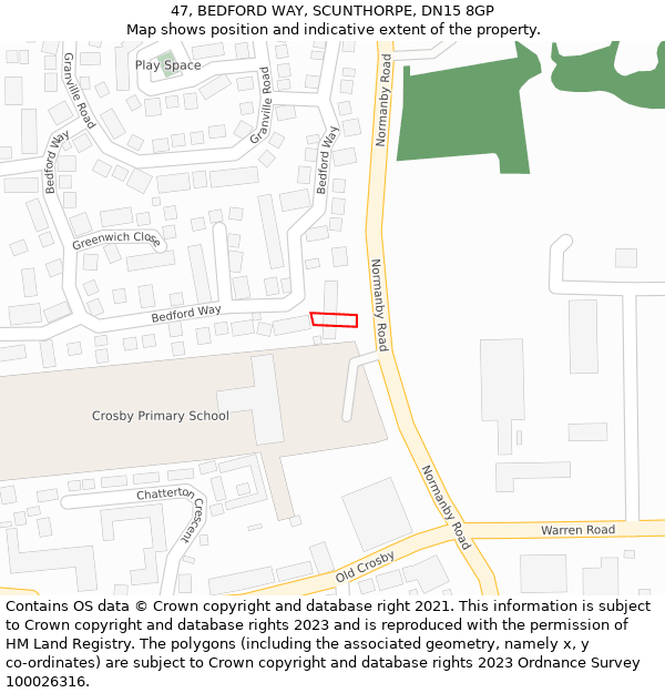 47, BEDFORD WAY, SCUNTHORPE, DN15 8GP: Location map and indicative extent of plot