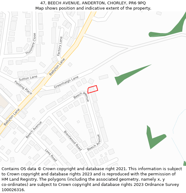 47, BEECH AVENUE, ANDERTON, CHORLEY, PR6 9PQ: Location map and indicative extent of plot