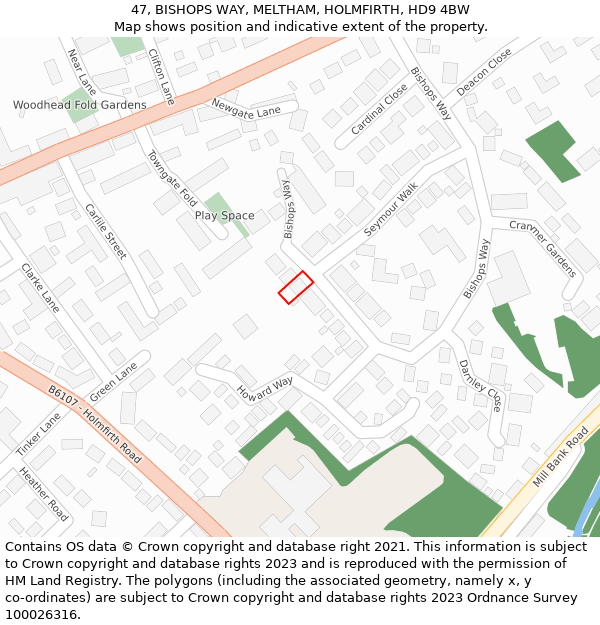 47, BISHOPS WAY, MELTHAM, HOLMFIRTH, HD9 4BW: Location map and indicative extent of plot