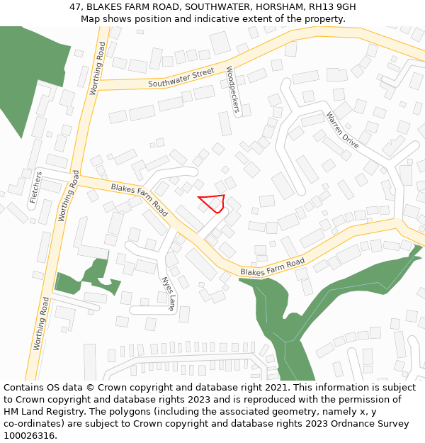 47, BLAKES FARM ROAD, SOUTHWATER, HORSHAM, RH13 9GH: Location map and indicative extent of plot