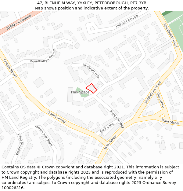 47, BLENHEIM WAY, YAXLEY, PETERBOROUGH, PE7 3YB: Location map and indicative extent of plot