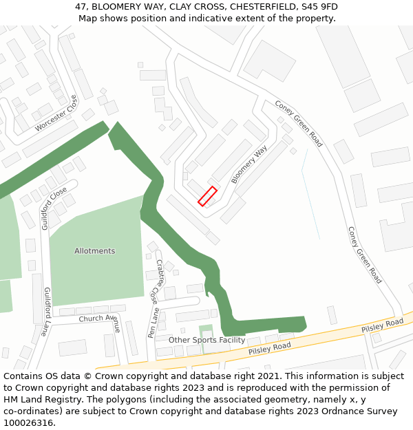 47, BLOOMERY WAY, CLAY CROSS, CHESTERFIELD, S45 9FD: Location map and indicative extent of plot