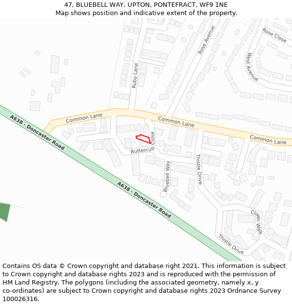 47, BLUEBELL WAY, UPTON, PONTEFRACT, WF9 1NE: Location map and indicative extent of plot