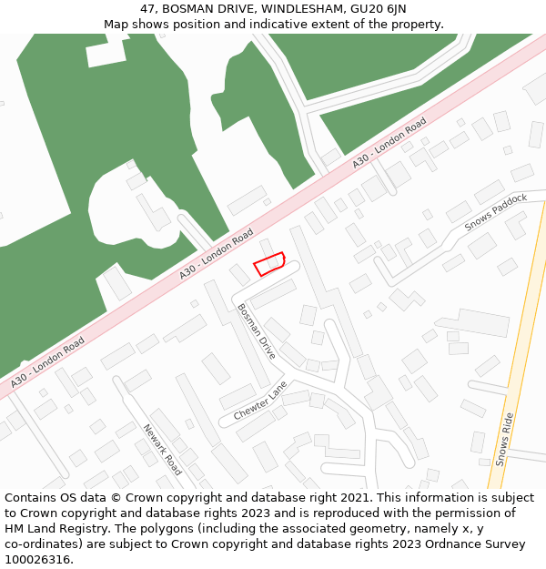 47, BOSMAN DRIVE, WINDLESHAM, GU20 6JN: Location map and indicative extent of plot