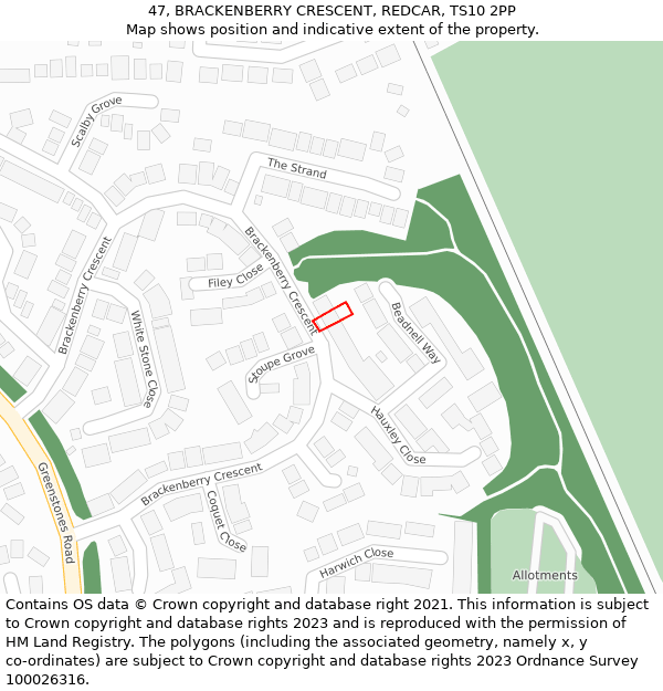 47, BRACKENBERRY CRESCENT, REDCAR, TS10 2PP: Location map and indicative extent of plot
