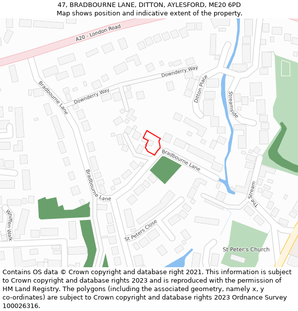 47, BRADBOURNE LANE, DITTON, AYLESFORD, ME20 6PD: Location map and indicative extent of plot