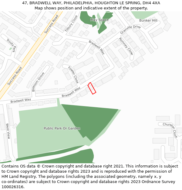 47, BRADWELL WAY, PHILADELPHIA, HOUGHTON LE SPRING, DH4 4XA: Location map and indicative extent of plot