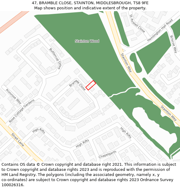 47, BRAMBLE CLOSE, STAINTON, MIDDLESBROUGH, TS8 9FE: Location map and indicative extent of plot
