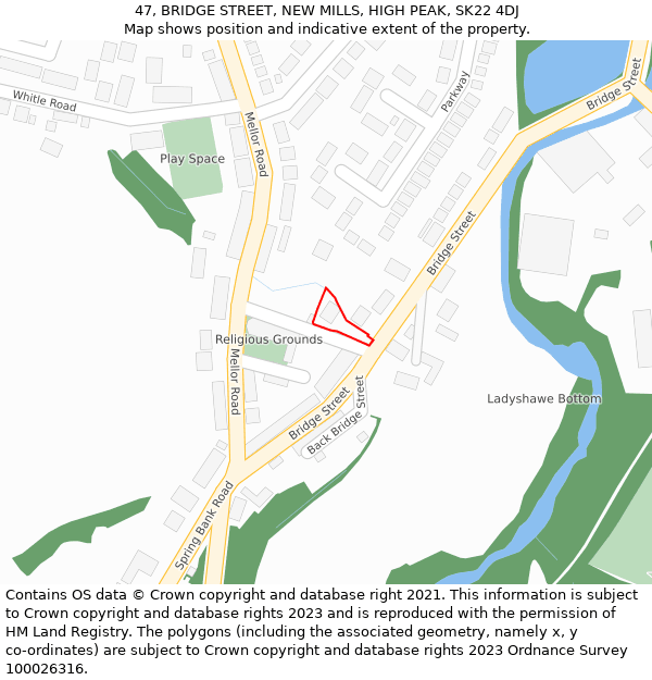 47, BRIDGE STREET, NEW MILLS, HIGH PEAK, SK22 4DJ: Location map and indicative extent of plot