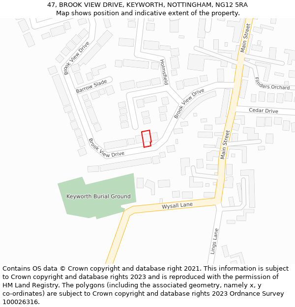 47, BROOK VIEW DRIVE, KEYWORTH, NOTTINGHAM, NG12 5RA: Location map and indicative extent of plot