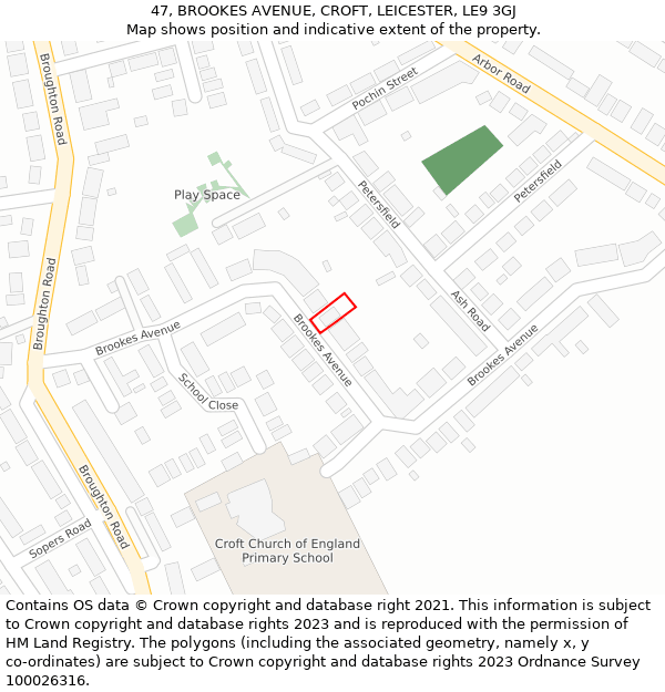 47, BROOKES AVENUE, CROFT, LEICESTER, LE9 3GJ: Location map and indicative extent of plot