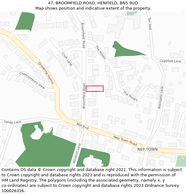 47, BROOMFIELD ROAD, HENFIELD, BN5 9UD: Location map and indicative extent of plot