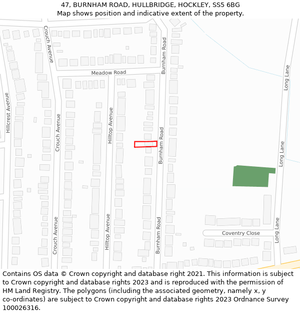 47, BURNHAM ROAD, HULLBRIDGE, HOCKLEY, SS5 6BG: Location map and indicative extent of plot