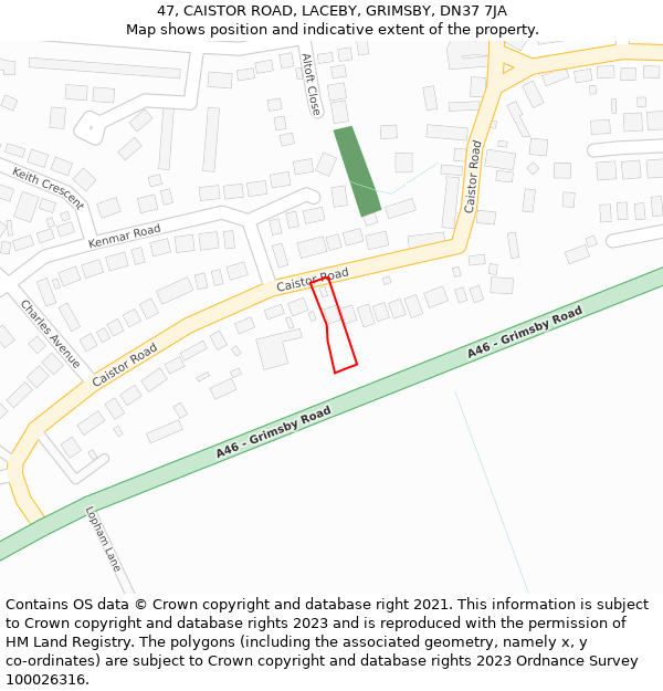 47, CAISTOR ROAD, LACEBY, GRIMSBY, DN37 7JA: Location map and indicative extent of plot