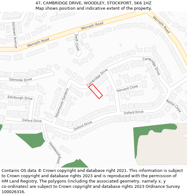 47, CAMBRIDGE DRIVE, WOODLEY, STOCKPORT, SK6 1HZ: Location map and indicative extent of plot