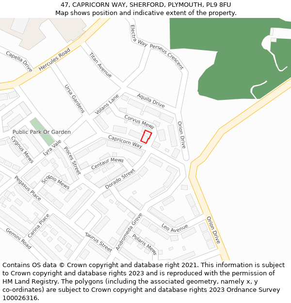 47, CAPRICORN WAY, SHERFORD, PLYMOUTH, PL9 8FU: Location map and indicative extent of plot