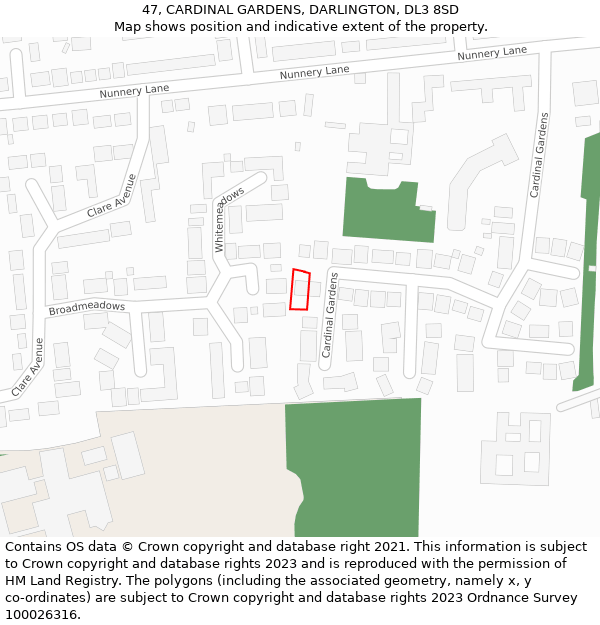 47, CARDINAL GARDENS, DARLINGTON, DL3 8SD: Location map and indicative extent of plot