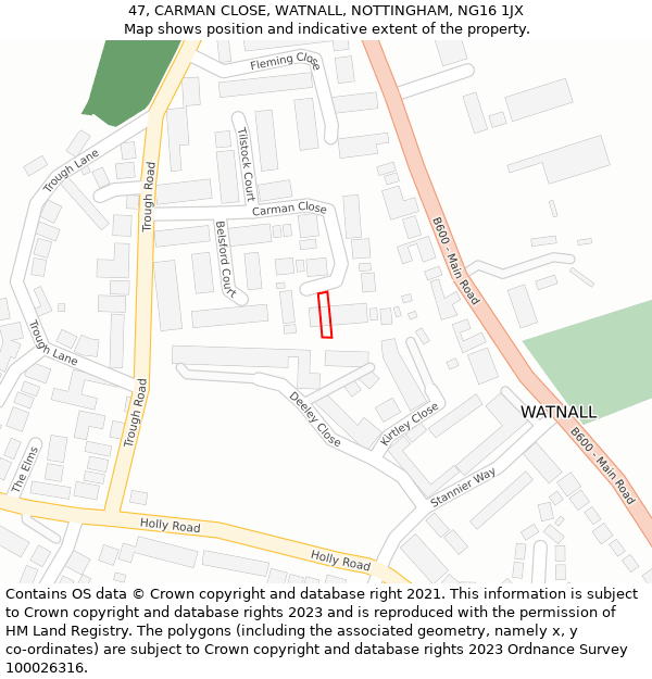 47, CARMAN CLOSE, WATNALL, NOTTINGHAM, NG16 1JX: Location map and indicative extent of plot