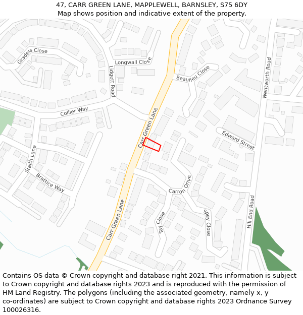 47, CARR GREEN LANE, MAPPLEWELL, BARNSLEY, S75 6DY: Location map and indicative extent of plot