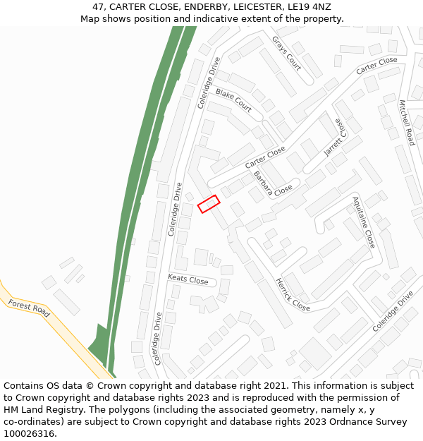 47, CARTER CLOSE, ENDERBY, LEICESTER, LE19 4NZ: Location map and indicative extent of plot