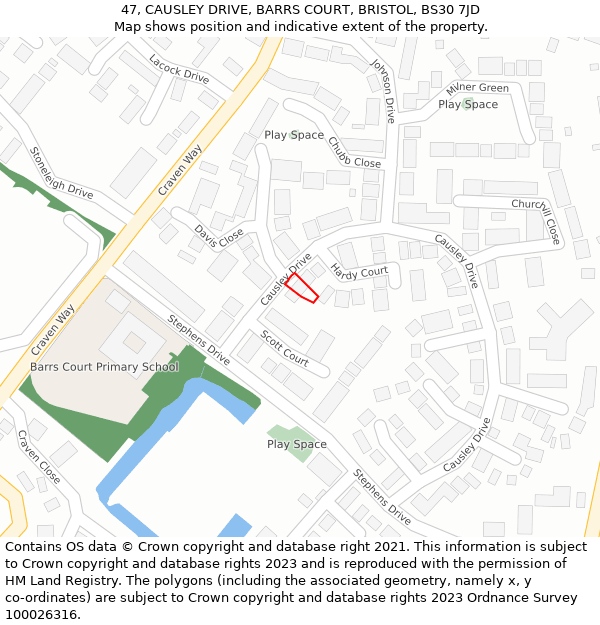 47, CAUSLEY DRIVE, BARRS COURT, BRISTOL, BS30 7JD: Location map and indicative extent of plot