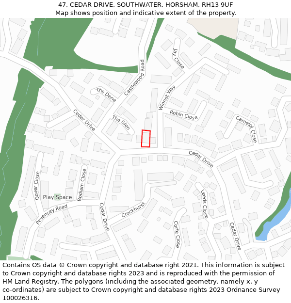 47, CEDAR DRIVE, SOUTHWATER, HORSHAM, RH13 9UF: Location map and indicative extent of plot