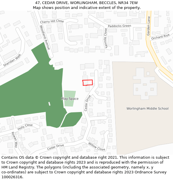 47, CEDAR DRIVE, WORLINGHAM, BECCLES, NR34 7EW: Location map and indicative extent of plot