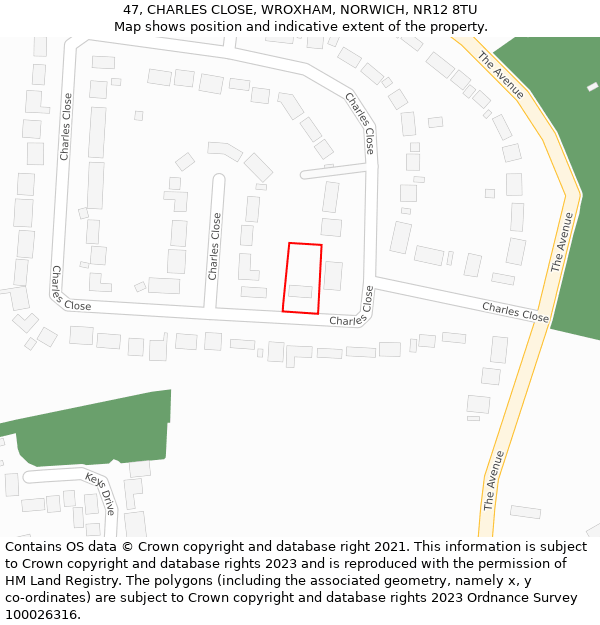 47, CHARLES CLOSE, WROXHAM, NORWICH, NR12 8TU: Location map and indicative extent of plot