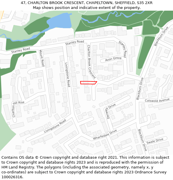47, CHARLTON BROOK CRESCENT, CHAPELTOWN, SHEFFIELD, S35 2XR: Location map and indicative extent of plot
