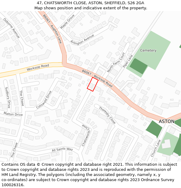 47, CHATSWORTH CLOSE, ASTON, SHEFFIELD, S26 2GA: Location map and indicative extent of plot