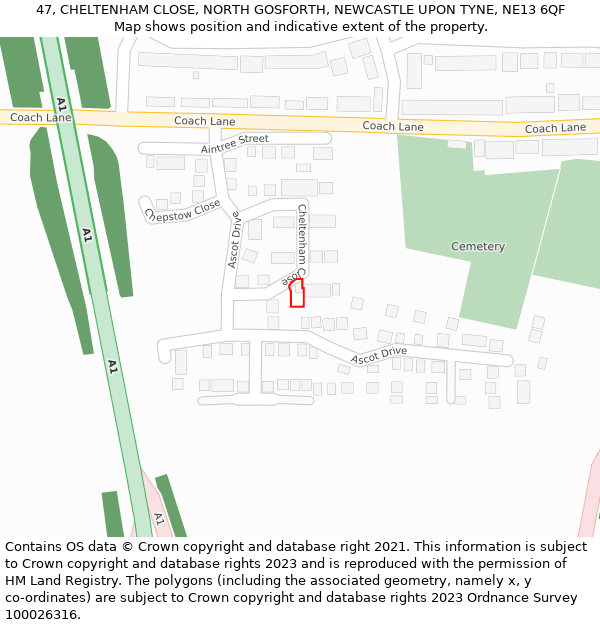 47, CHELTENHAM CLOSE, NORTH GOSFORTH, NEWCASTLE UPON TYNE, NE13 6QF: Location map and indicative extent of plot