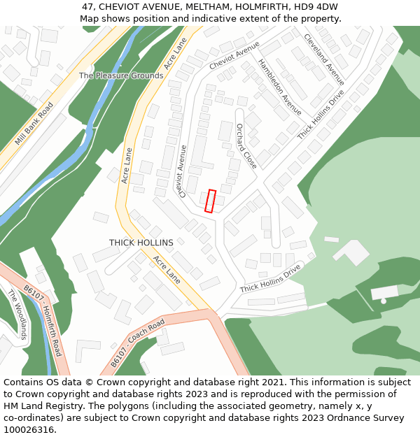 47, CHEVIOT AVENUE, MELTHAM, HOLMFIRTH, HD9 4DW: Location map and indicative extent of plot