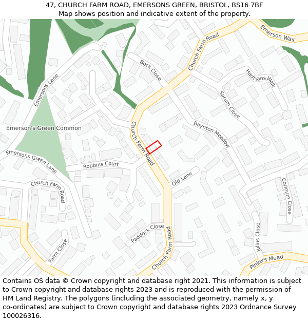 47, CHURCH FARM ROAD, EMERSONS GREEN, BRISTOL, BS16 7BF: Location map and indicative extent of plot