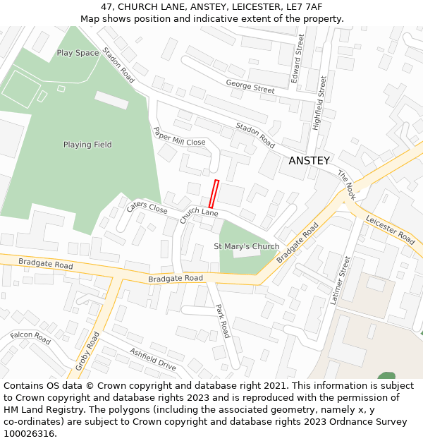 47, CHURCH LANE, ANSTEY, LEICESTER, LE7 7AF: Location map and indicative extent of plot