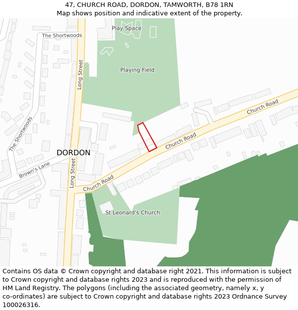 47, CHURCH ROAD, DORDON, TAMWORTH, B78 1RN: Location map and indicative extent of plot